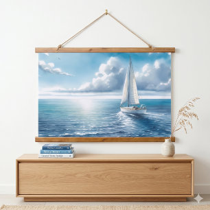 Blauwe Horizon Solitaire Zeilboot Hangend Wandkleed