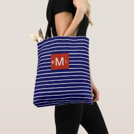 Blauwe horizontale strepen Rood monogram Sjabloon Tote Bag