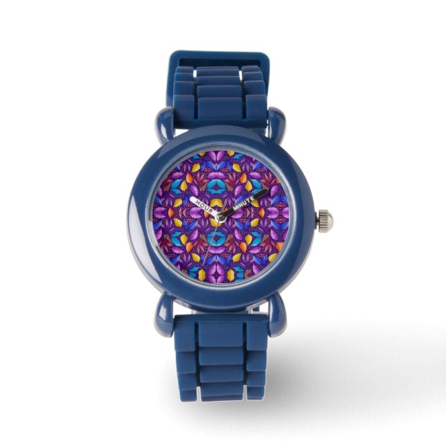 Blauwe horloge met een levendig mandala-ontwerp  (Voorkant)