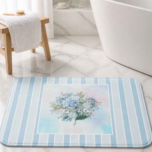 Blauwe Hortensia Aquarel Gestreepte Badmat