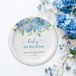 Blauwe Hortensia Baby in Bloom Baby Shower Papieren Bordje