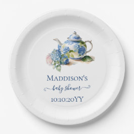 Blauwe Hortensia Baby Shower Theepartij Papieren Bordje