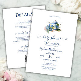 Blauwe Hortensia Baby Shower Theepartij QR-code Kaart