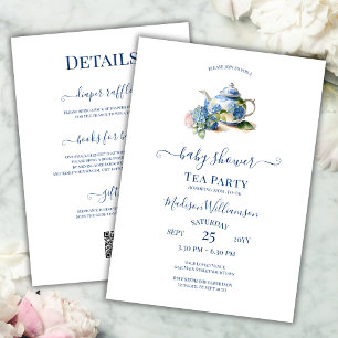 Blauwe Hortensia Baby Shower Theepartij QR-code Kaart