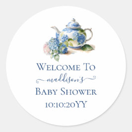 Blauwe Hortensia Baby Shower Theepartij Ronde Sticker
