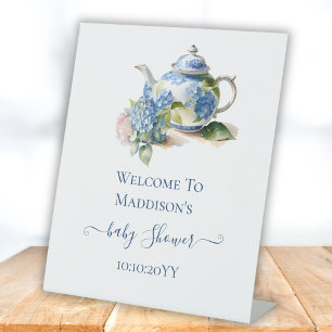 Blauwe Hortensia Baby Shower Theepartij Welkom Reclamebord Met Voetstuk