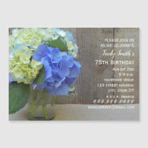 Blauwe hortensia Barnwood Mason Jar Volwassen verj Magnetische Uitnodiging
