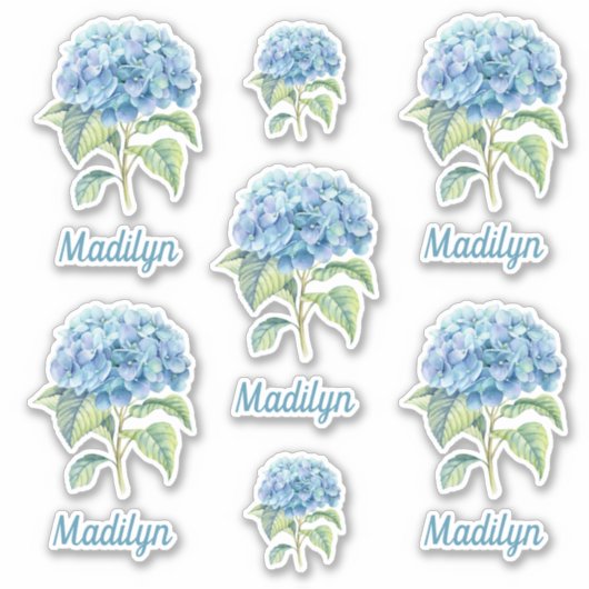 Blauwe hortensia bloeit met Jouw naam vinyl Sticker (Voorkant)