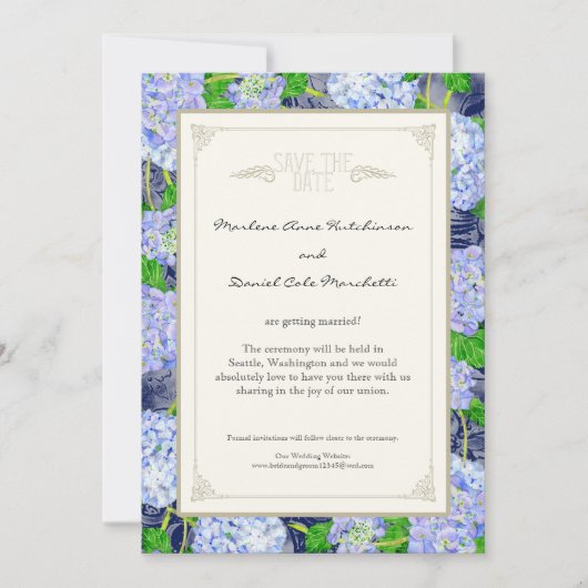 Blauwe Hortensia Bloem Art Deco Elegante Bruilofte Kaart (Voorkant)