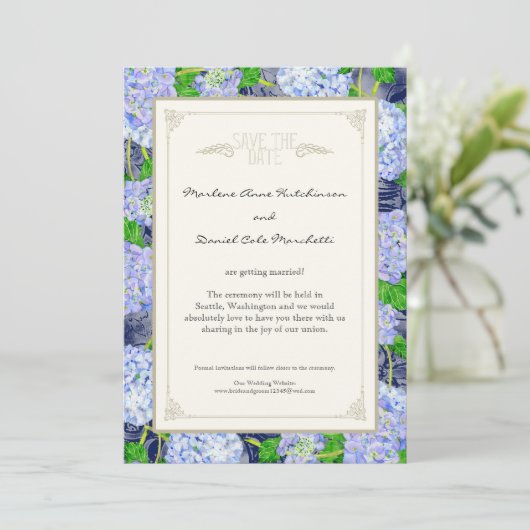 Blauwe Hortensia Bloem Art Deco Elegante Bruilofte Kaart (Staand voorkant)