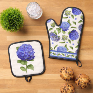 Blauwe Hortensia Bloem Botanische Kunst Ovenwant & Pannenlap Set