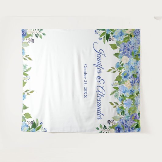 Blauwe Hortensia Bloem Bruiloft Foto Booth Achterg Wandkleed (Voorkant (horizontaal))