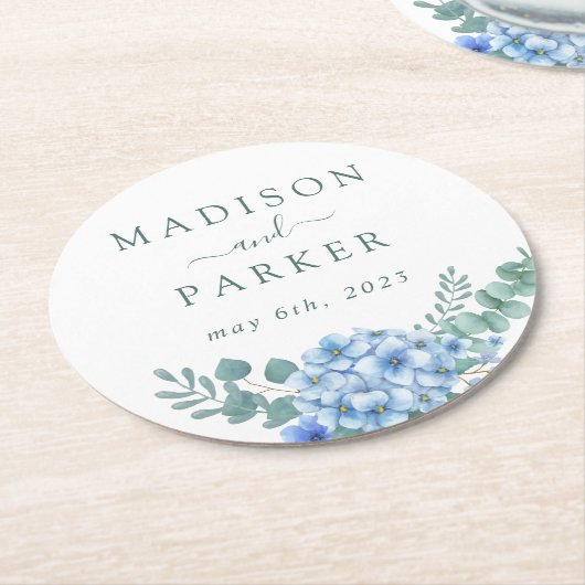 Blauwe Hortensia Bloem Bruiloft Ronde Kartonnen Onderzetter (Gebogen)