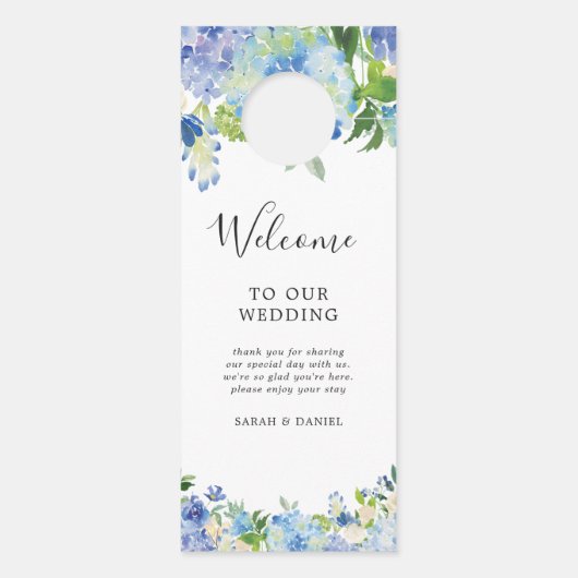 Blauwe Hortensia Bloem Bruiloft Welkom Deur Hanger (Achterkant)