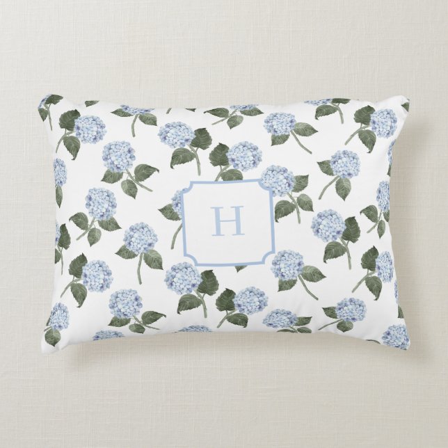 Blauwe Hortensia Bloem Monogram   Accent Kussen (Voorkant)