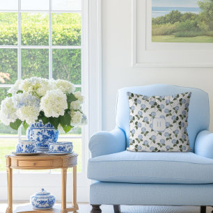 Blauwe Hortensia Bloem Monogram Kussen