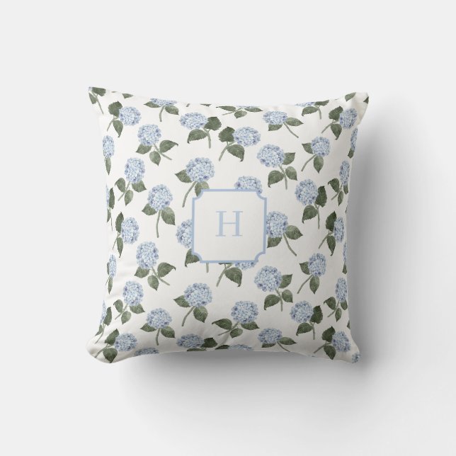 Blauwe Hortensia Bloem Monogram   Kussen (Voorkant)