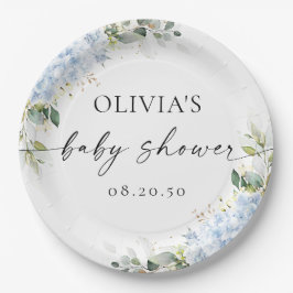 Blauwe Hortensia Bloemachtige Baby Shower Papieren Bordje
