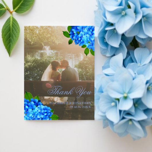 Blauwe Hortensia Bloemachtige Bruiloft Bedankkaart
