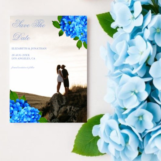 Blauwe Hortensia Bloemachtige Bruiloft Save The Date