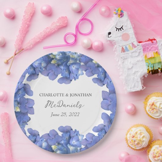 Blauwe hortensia bloemblaadjes bruiloft gepersonal papieren bordje (Feest)
