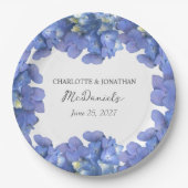 Blauwe hortensia bloemblaadjes bruiloft gepersonal papieren bordje (Voorkant)