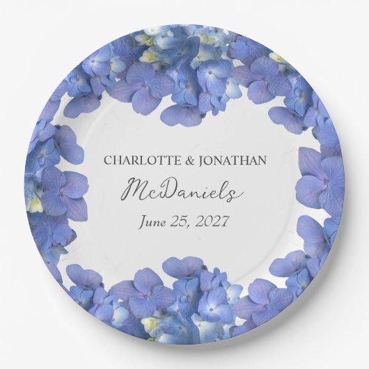 Blauwe hortensia bloemblaadjes bruiloft gepersonal papieren bordje (Voorkant)
