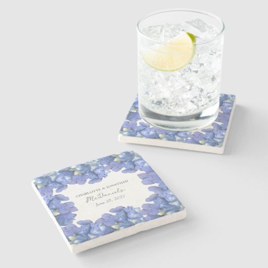 Blauwe hortensia bloemblaadjes bruiloft gepersonal stenen onderzetter (Zijkant)