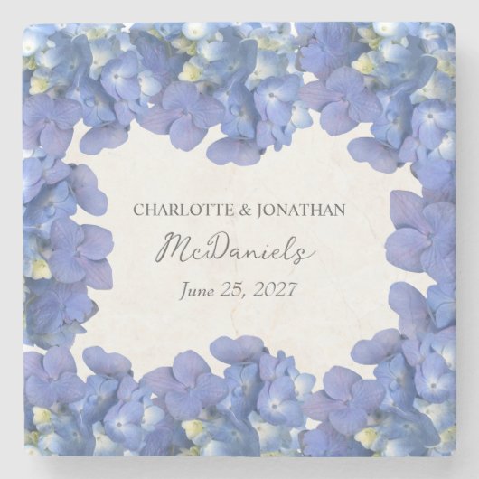 Blauwe hortensia bloemblaadjes bruiloft gepersonal stenen onderzetter (Voorkant)