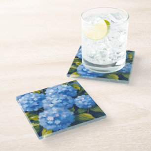 Blauwe Hortensia Bloemen Aquarel Bloemstuk Glazen Onderzetter