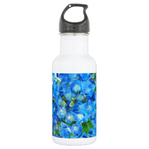 Blauwe hortensia bloemen. Bloemfotografie. Waterfles