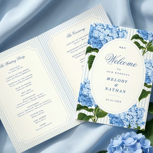 Blauwe Hortensia Bloemen Bruiloft Gevouwen Papier Programma
