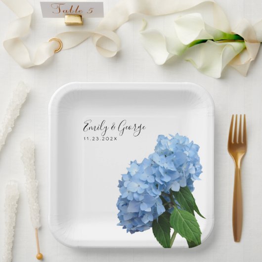 Blauwe Hortensia Bloemen Bruiloft Persoonlijk Papieren Bordje (Huwelijk)