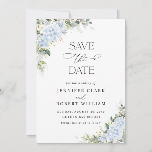 Blauwe Hortensia Bloemen Bruiloft Save The Date (Voorkant)