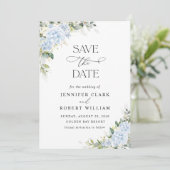 Blauwe Hortensia Bloemen Bruiloft Save The Date (Staand voorkant)