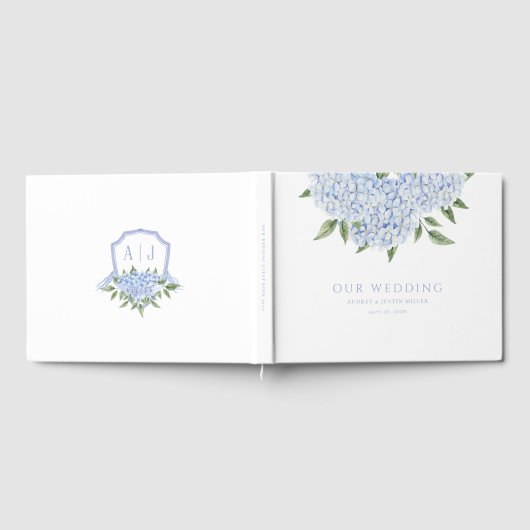 Blauwe Hortensia Bloemen & Crest, Huwelijk Gastenboek (Volledig)