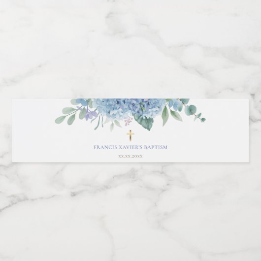 blauwe hortensia bloemen Doop Waterfles Etiket (Enkel label)
