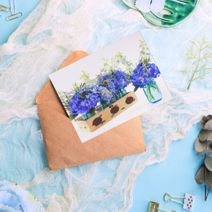 Blauwe Hortensia Bloemen In Vintage Doos Ansichtka Briefkaart