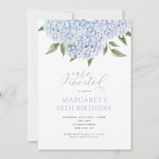 Blauwe hortensia bloemen kalligrafie verjaardag kaart (Voorkant)