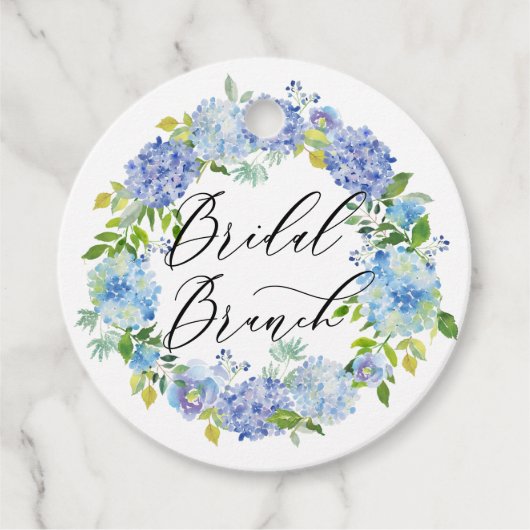 Blauwe Hortensia Bloemen Krans Bruids Brunch Bedankjes Labels (Voorkant)