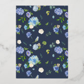Blauwe hortensia bloemen krans doop folie uitnodiging (Achterkant)