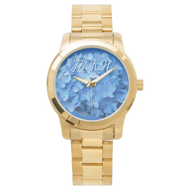 Blauwe hortensia bloemen monogram horloge (Voorkant)