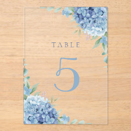 blauwe hortensia bloemen tafel 5 acryl uitnodigingen