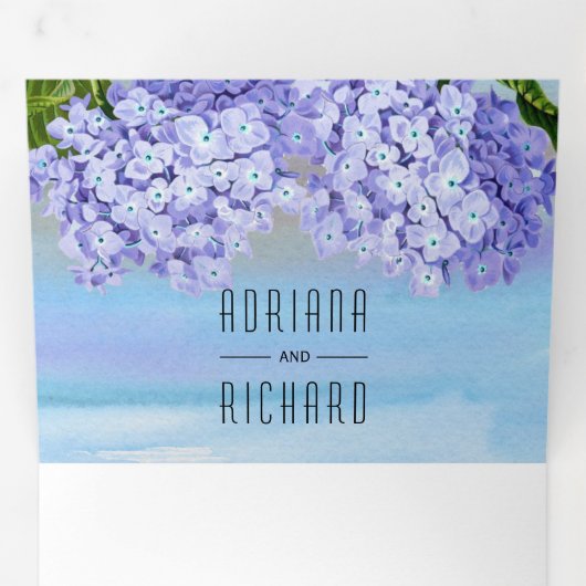 Blauwe hortensia bloemen waterverf bloemenbruiloft drieluik uitnodiging (Binnenzijde eerst)