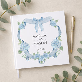 Blauwe Hortensia Bloemenkroon Waterverf Bruiloft Gastenboek