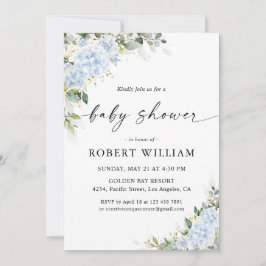 Blauwe Hortensia Bloemige Baby Shower Uitnodiging