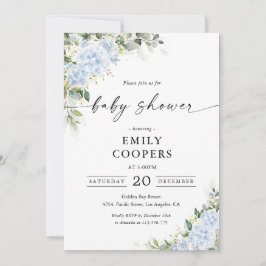 Blauwe Hortensia Bloemige Baby Shower Uitnodiging