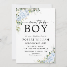 Blauwe Hortensia Bloemige Baby Shower Uitnodiging