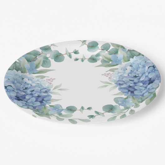 Blauwe Hortensia Bloemige Bruidsdouche Papieren Bordje (Gekanteld)