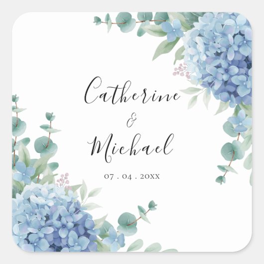 Blauwe Hortensia Bloemige Bruiloft Vierkante Sticker (Voorkant)